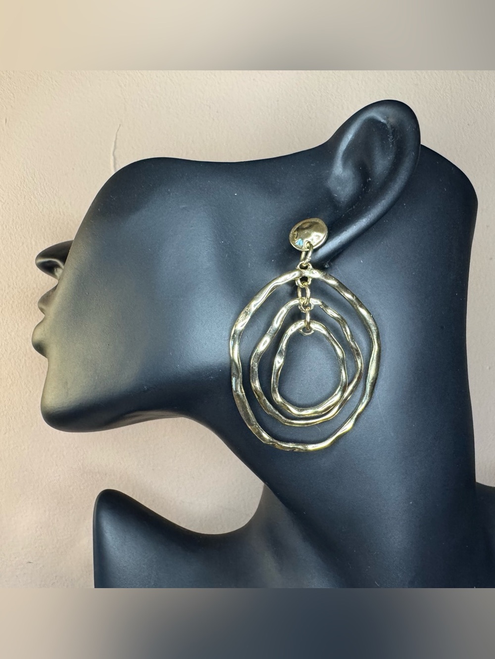 Gold Tone Triple Hoop Hammered Dangle Earrings